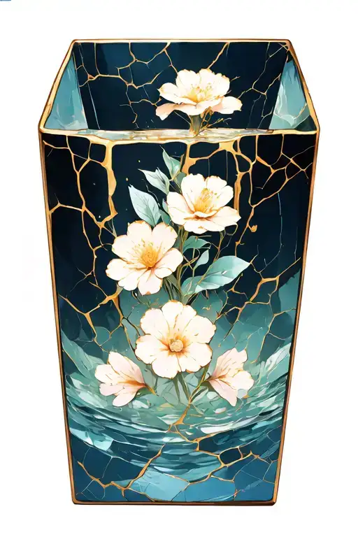 gentle Kitsungi gold cracks through a large rectangle vase tattoo design idea
