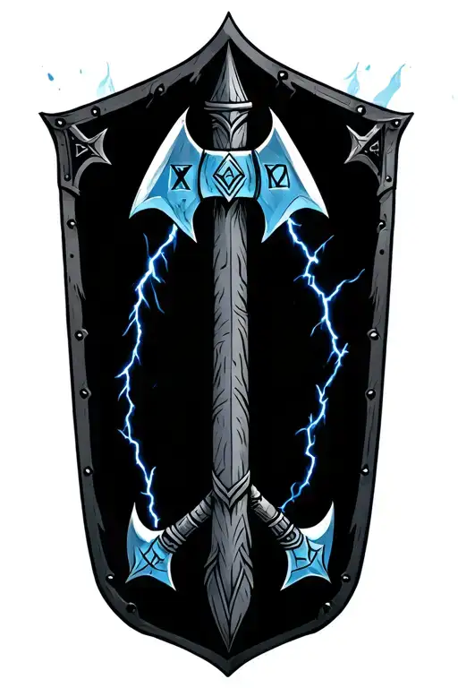 blackout norse shield with axes and runes, with blue lightning tattoo design idea