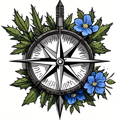 Arrow Compass with Hemlock, Cactus and blue bonnet tattoo design idea