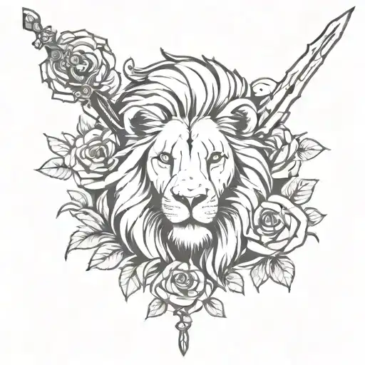 lion and roses and 3 swords  tattoo design idea