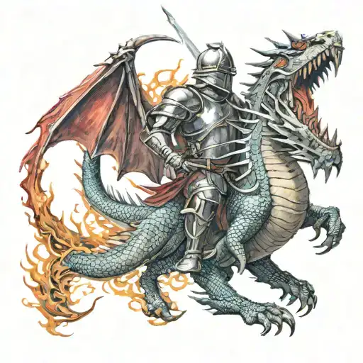 a knight fighting against a fire breathing dragon  tattoo design idea