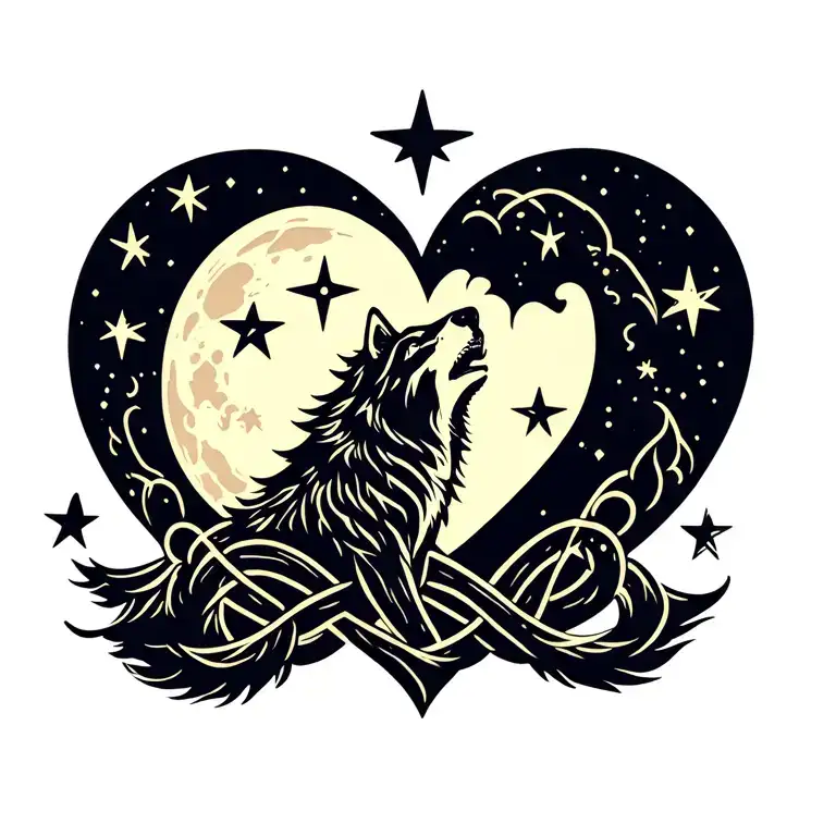 eltic heart knot entwined wolf howling at a moon, surrounded by three stars for children, six smaller stars for grandchi tattoo design idea