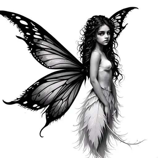 faerie standing on white feather tattoo design idea