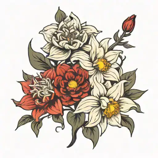 chrysanthemum and narcissus flowers intertwined tattoo design idea
