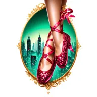 two sparkling ruby ballet slippers with emerald city in the background tattoo design idea