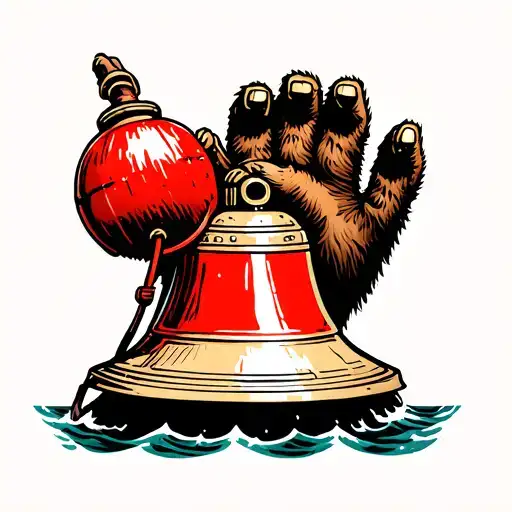 Kodiak bear paw squeezing a red aid to navigation bell buoy tattoo design idea