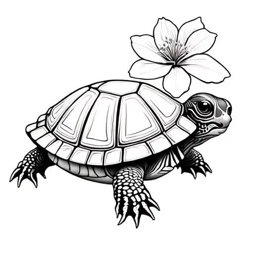 slider turtle with a dogwood blossom behind it tattoo design idea