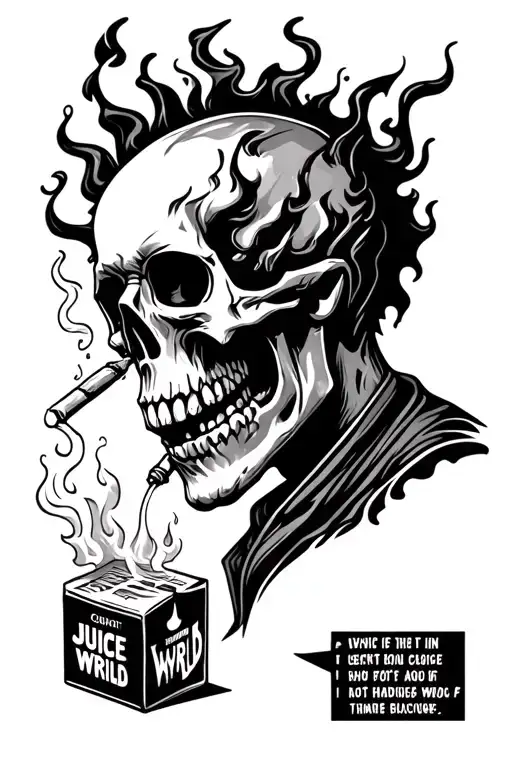 juice wrld flaming skull smoking a joint with his lyrics being poured out of a juice box onto the flames to extinguish  tattoo design idea