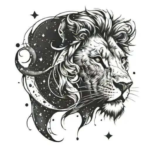 A stylized blackwork tattoo of a lion's head with the Southern Cross constellation incorporated, symbolizing strength and guidance tattoo design idea