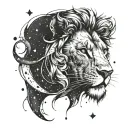 A stylized blackwork tattoo of a lion's head with the Southern Cross constellation incorporated, symbolizing strength and guidance tattoo design idea