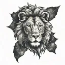 A stylized blackwork tattoo of a lion's head with the Southern Cross constellation incorporated, symbolizing strength and guidance tattoo design idea