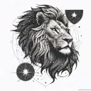 A stylized blackwork tattoo of a lion's head with the Southern Cross constellation incorporated, symbolizing strength and guidance tattoo design idea