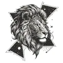 A stylized blackwork tattoo of a lion's head with the Southern Cross constellation incorporated, symbolizing strength and guidance tattoo design idea