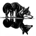 wolf looking at reflection of a wolf pup tattoo design idea