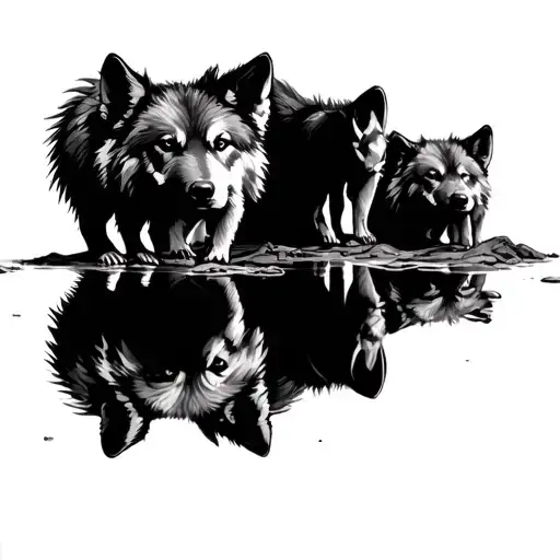 wolf looking at reflection of a wolf pup tattoo design idea