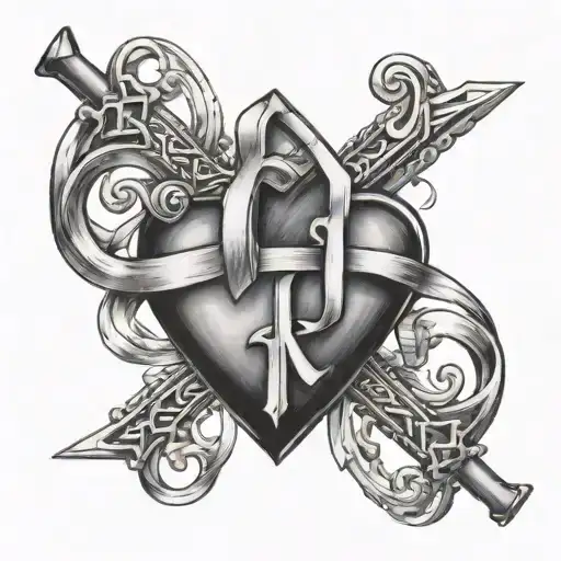 The letters L and K intertwined and there is a heart crossbow somewhere tattoo design idea