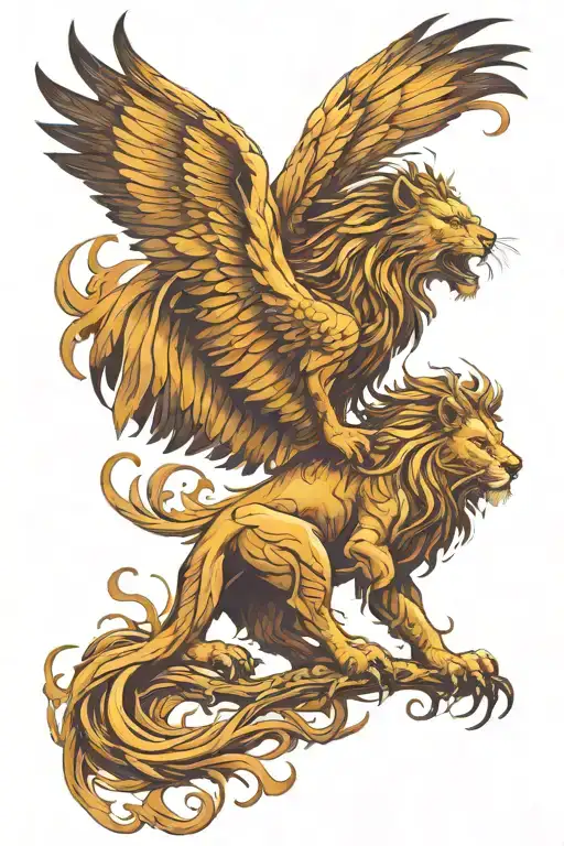 a full lion with phoenix wings on its back, add a dragon tail  tattoo design idea