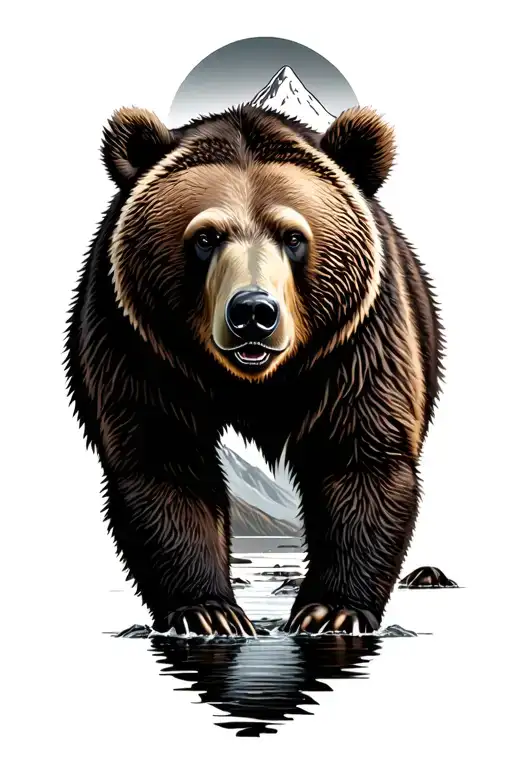 realism grizzly standing in stream mountain background tattoo design idea