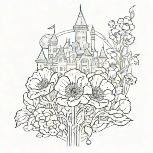 Poppy flower, a Dodgers  baseball and disney castle  tattoo design idea