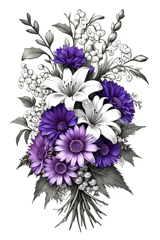 bouquet of violet, daisie, lily of the valley, gladiolus, aster, chrysanthemum, and holly tattoo design idea