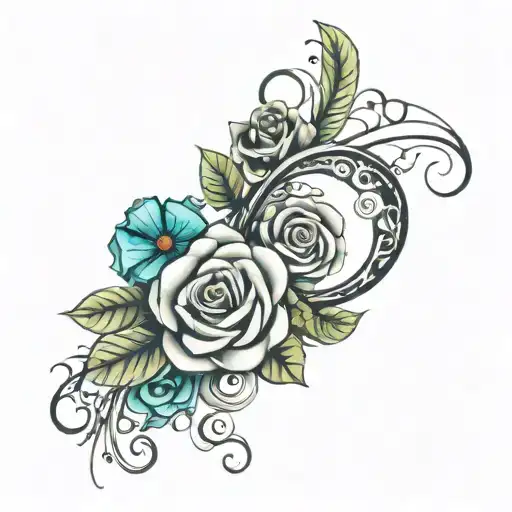 Very thin outline Tattoo infinity sign turquoise with colored flowers, roses, and green leaves, and squiggles on tattoo design idea