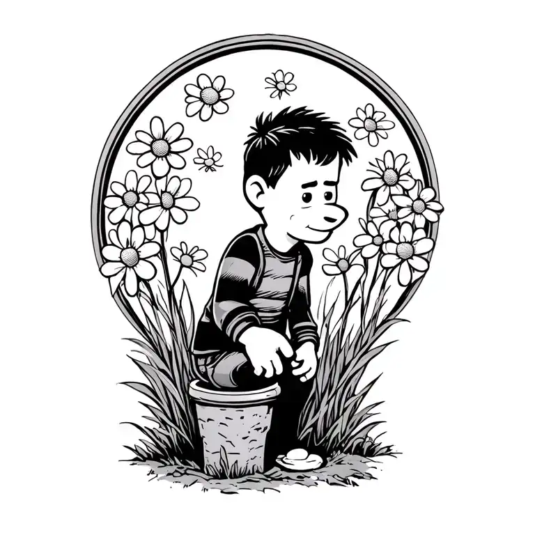 Classic Calvin and Hobbes image of Calvin peeing on flowers except Calvin is an old man and he is peeing on Hobbes tombs tattoo design idea