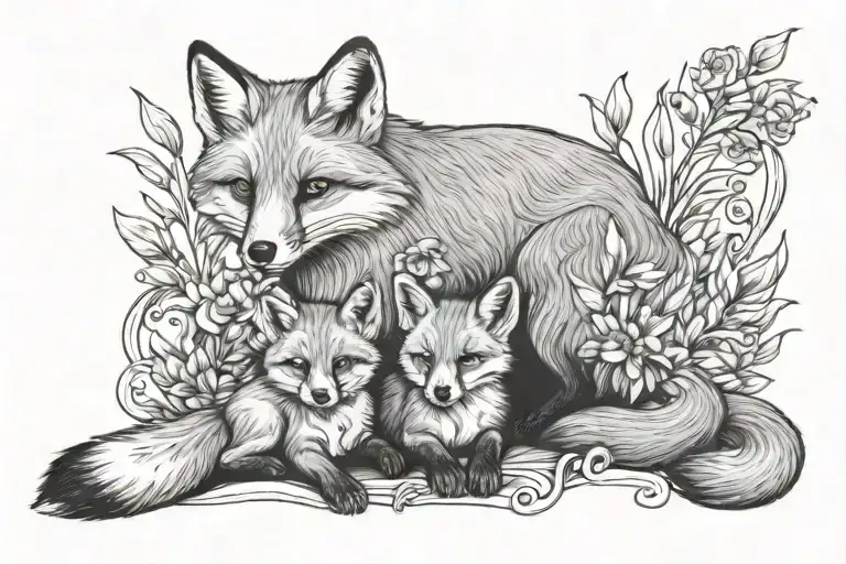 fox mother guiding babies tattoo design idea