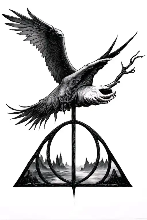deathly hallows from Harry Potter Dali style landscape inside tattoo design idea