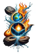 A unique design combining the four elements (earth, water, fire, air) into a cohesive and balanced composition tattoo design idea