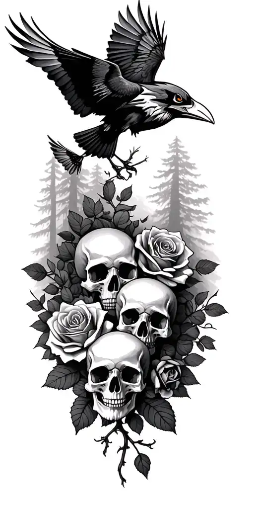 ravens flying, skulls, roses with stems, in front of forest  tattoo design idea