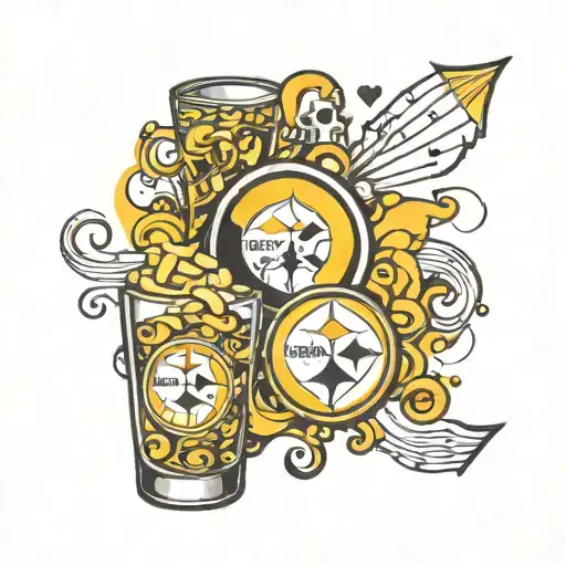 Pittsburgh Steelers logo, shot glass, music notes, macaroni and cheese  tattoo design idea
