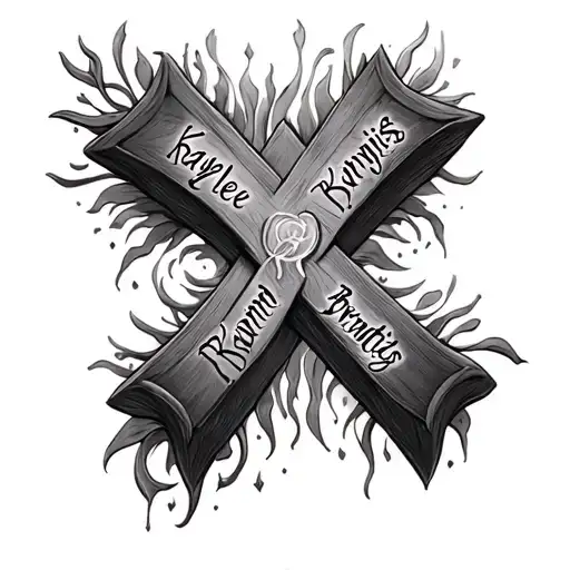 cross made with the names Kaylee, Ryan, Brandis, and Trinity tattoo design idea