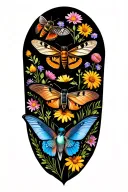 rusty patch bumblebee, hummingbird moth, swallowtail butterfly, brown bat, click beetle, & blue bird over wildflowers  tattoo design idea