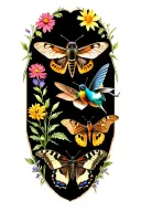 rusty patch bumblebee, hummingbird moth, swallowtail butterfly, brown bat, click beetle, & blue bird over wildflowers  tattoo design idea