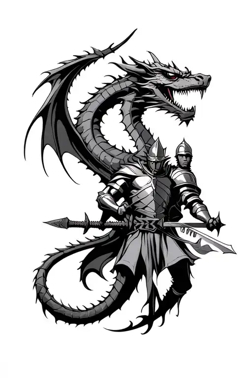 Outer Forearm, dragon, a knight and a hunter with cool weapon, all 3 in the tatto differently tattoo design idea