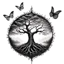 Tree of life half living and half dead with roots with butterfly tattoo design idea