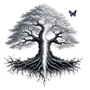 Tree of life half living and half dead with roots with butterfly tattoo design idea