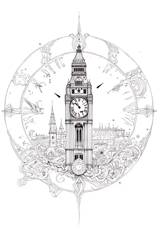 Gemini Full Sleeve Tattoo Using Clock tower surrounded tattoo design idea