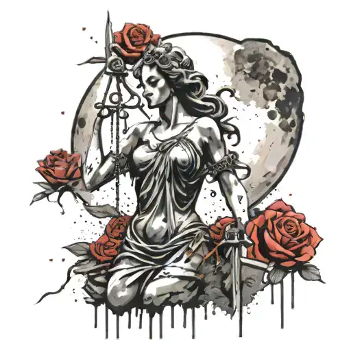 lady justice roses and the moon surrounded tattoo design idea