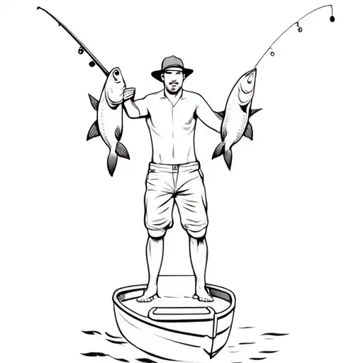 a man holding up two fish on a boat with fishing rod behind him tattoo design idea