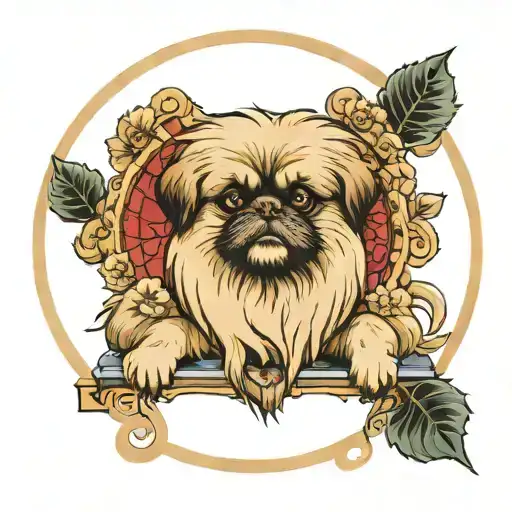pekingese on a throne, with a circular frame tattoo design idea