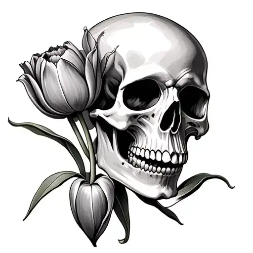 realistic skull and tulip that represents heartbreak tattoo design idea