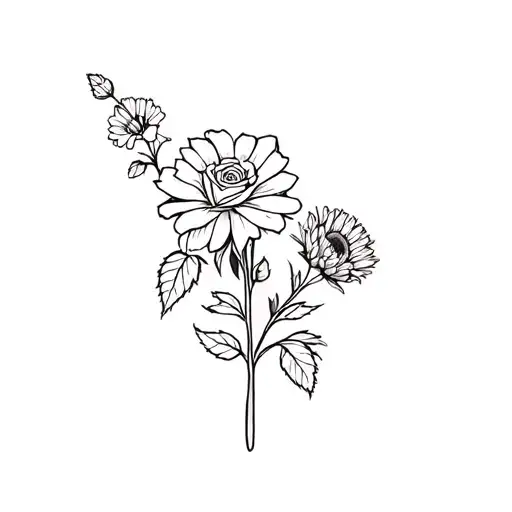 single rose and aster and cosmo flower in black and white linework tattoo design idea