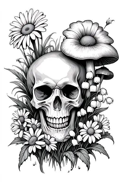 skull rotting flowers daisies and Lilly of the valley mushrooms growing tattoo design idea