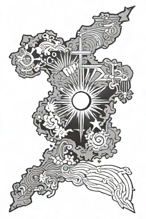 siluet of the Philippines map, a big cross at the back, the sun of the Philippines flag in the back tying together tattoo design idea