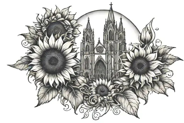 sunflower gothic cathedral scene tattoo design idea