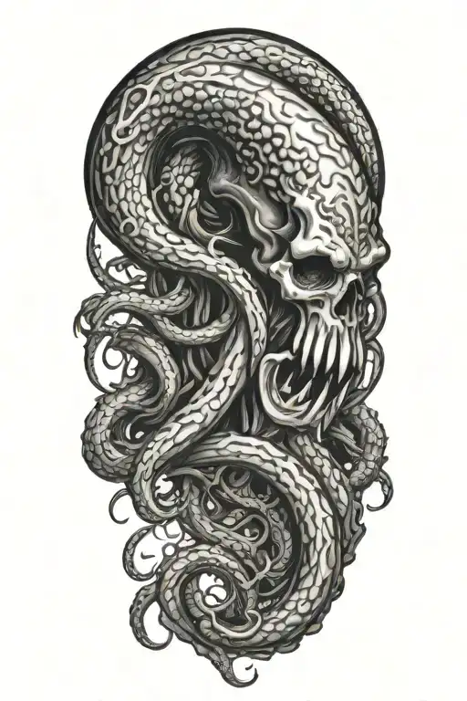 A black and grey tattoo of a malevolent kraken overtaking a skull with its massive tentacles  tattoo design idea