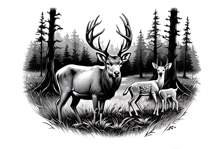 buck standing in woods with a buten buck and a baby doe  tattoo design idea