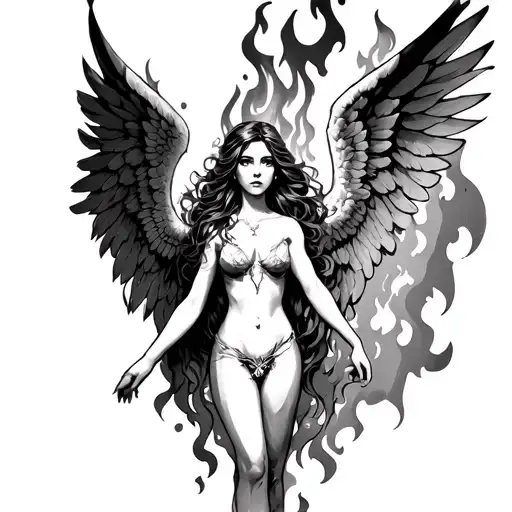 female angel on fire tattoo design idea