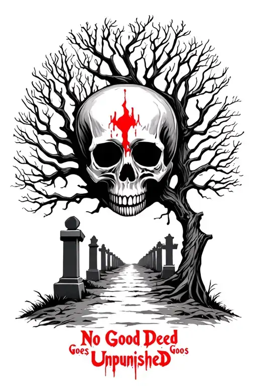 Skull tree on the bank of the road leading into the cemetery with words written in blood No Good Deed Goes Unpunished  tattoo design idea